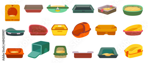 Pets toilet. Domestic hygiene for animals, cats sandboxes cartoon icons. Pet shop goods, isolated litter boxes for kittens neoteric vector set