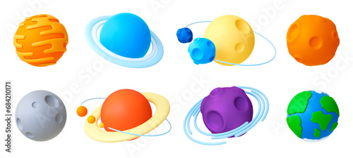 Planet 3d elements. Space abstract planets realistic plastic design. Moon and saturn, mars and earth. Isolated universe pithy vector collection