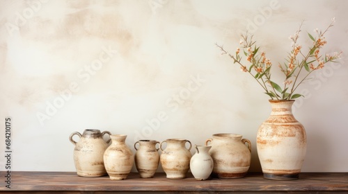 antique earthenware on old wooden table with beige concrete wall background.