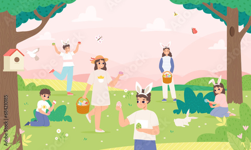 People easter egg hunt in garden. Cute children and teens play in spring holiday game. Finding surprises and gifts, springtime festival snugly vector scene