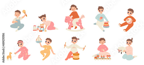 Baby play with toys. Toddlers playing with plush and wooden toy. Little kids entertainment, isolated kindergarten characters snugly vector set