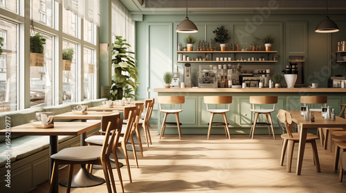 Photo of interior an small cozy coffee shop in the style of soft danish design photo