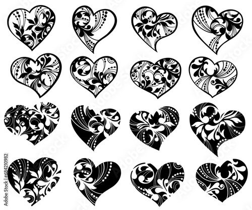 Slika na platnu set with hand drawn black openwork heart , vector illustration.