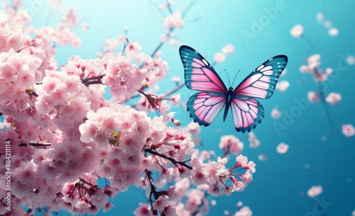Stunning Sapphire Butterfly Dancing Over a Sea of Pink Blooms - The Harmony of Nature Generative AI