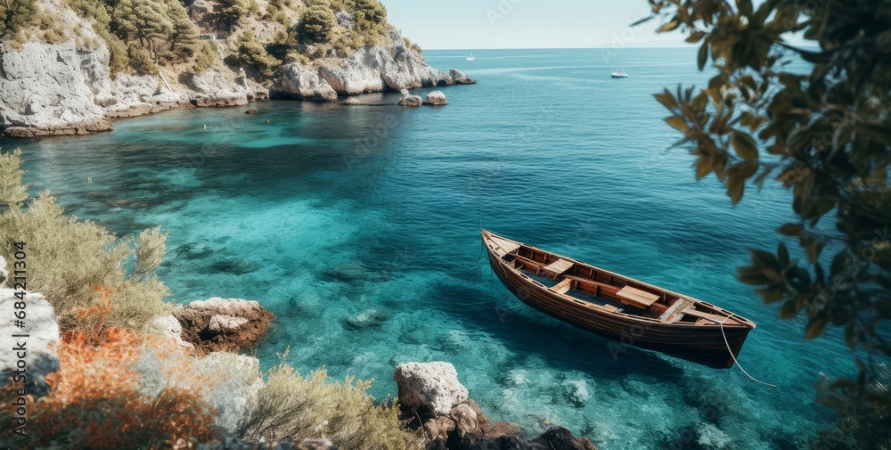 Fototapeta premium Hidden Paradise: Unveiling Serenity Between Sapphire Seas and Lush Greens Generative AI