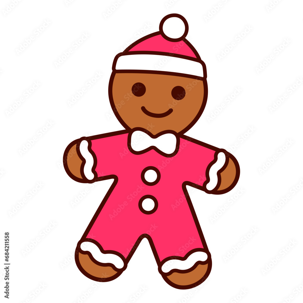 Traditional gingerbread man cookie in Christmas clothing. Kawaii hand drawn doodle icon. Cute cartoon vector illustration. Traditional gingerbread man cookie in Christmas clothing. Kawaii hand drawn doodle icon. Cute cartoon vector illustration.