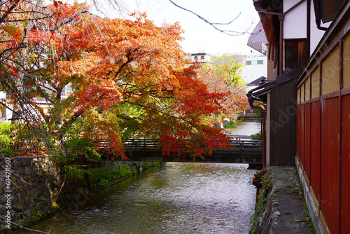 京都の名所 祇園白川の紅葉と伝統的な町屋の風景