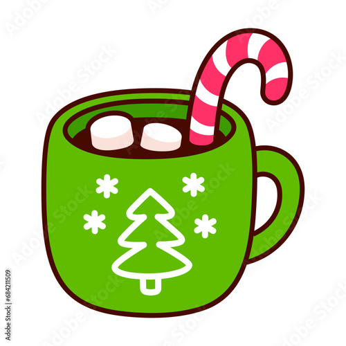 Christmas hot chocolate cup with marshmallows and candy cane. Kawaii hand drawn doodle icon. Cute cartoon vector illustration.