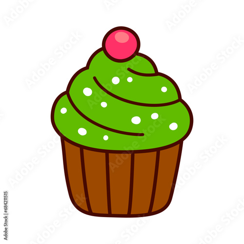 Christmas cupcake with Christmas tree frosting. Kawaii hand drawn doodle icon. Cute cartoon vector illustration.