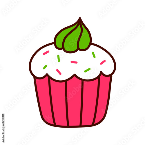 Christmas cupcake with frosting. Kawaii hand drawn doodle icon. Cute cartoon vector illustration.