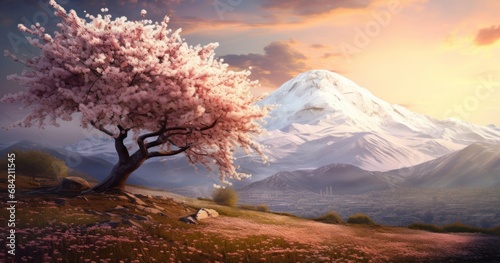 Unveiling the Spring Splendor: Majestic Mountains & Blossoming Cherry Trees Generative AI