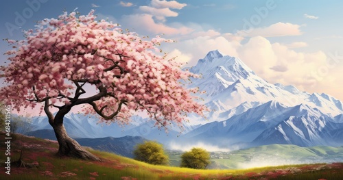 Breathtaking Display: A Blossoming Cherry Tree Amidst Majestic Mountains Generative AI photo