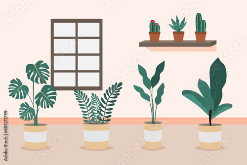 House plants home decor vector illustration. Green plants standing in pots. Indoor plants in a room.