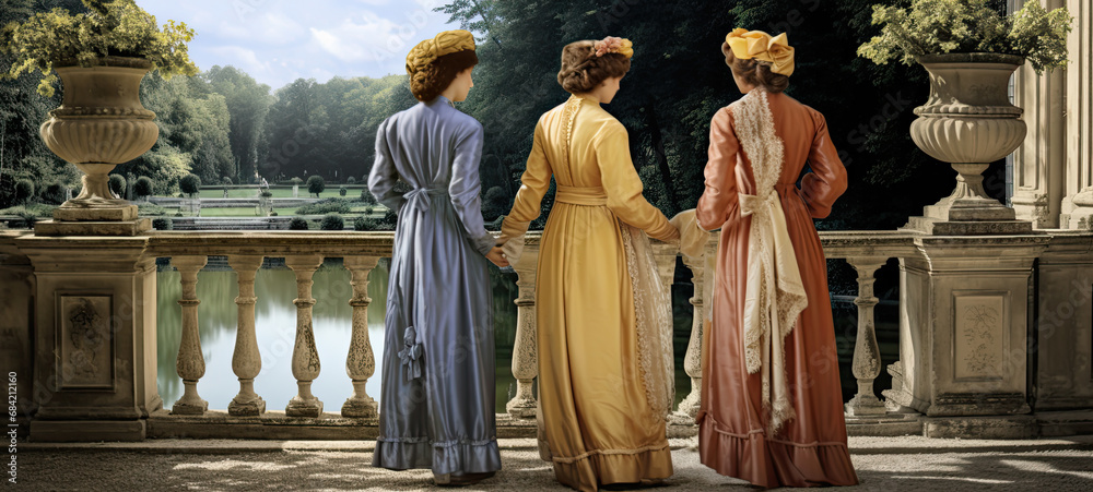 Romantic summer vista with two Victorian ladies strolling along a pathway admiring the view banner 