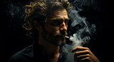 close-up portrait of a bearded man and wavy hair smoking a cigarette with smoke on a black background