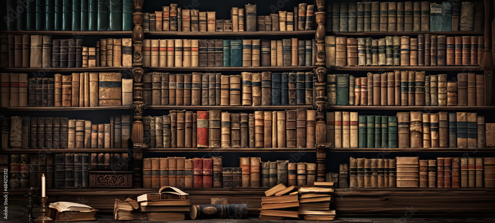 Wall full of very old books banner background Wall full of very old books banner background