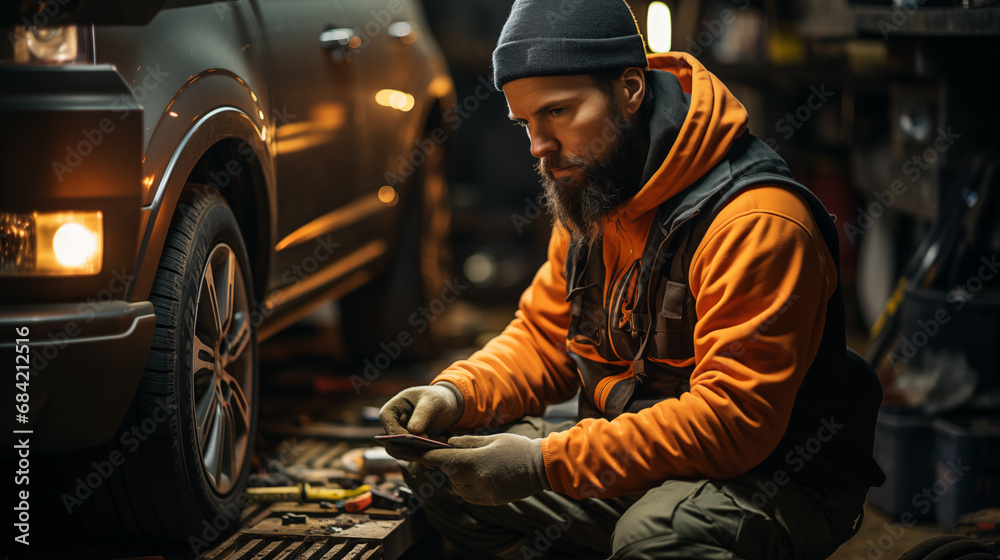 An unposed photograph capturing a car mechanic performing repairs and maintenance on a vehicle within a garage.  