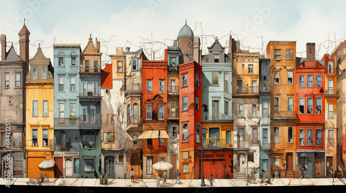 An artistic collage of townhouses in a vibrant city. 