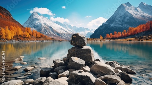 Landscape with mountains, lake and autumn trees