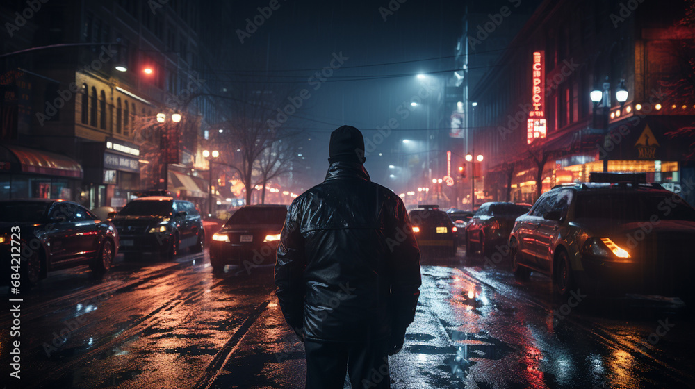 Police officer standing at night city.
