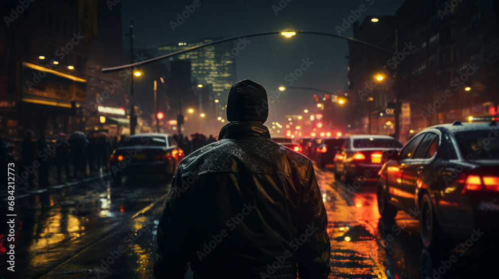 Police officer standing at night city. Police officer standing at night city.