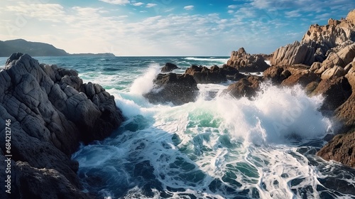 Fantastic big rocks and ocean waves at sundown time. Dramatic scene. © dheograft