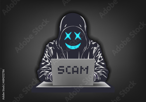 Vector cyber poster. Internet security. An unknown hooded scammer sitting at a mobile computer. Be careful, scam. Dangerous hacker. photo