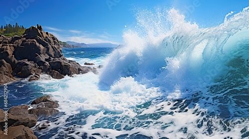 Large Waves Rock Surf Board Waimea Bay North Shore Oahu Hawaii. © dheograft