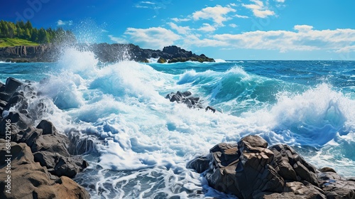 Aerial view of waves crashing on rocks. rocky beaches and blue and turquoise waters and waves of the Atlantic Ocean. © dheograft