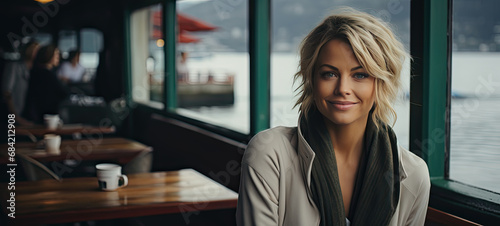 Beautiful middle age woman sitting by a window in a cafe 