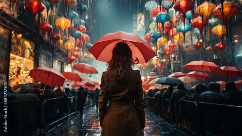 Tourist with a colorful umbrellas in city.