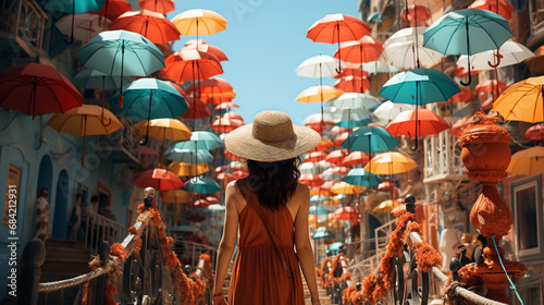 Tourist with a colorful umbrellas in city.