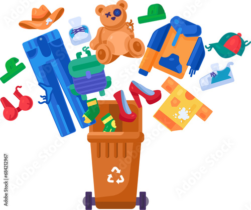 Old unwanted Textile Products fall into open trash can. Heap of old clothing, toys and fabric scraps. Textile pollution problem. Cartoon isolated vector isolated on white background
