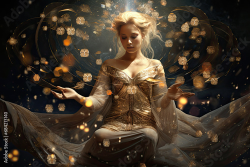 Woman manifesting abundance and wealth with swirling energy and golden orbs surrounding her