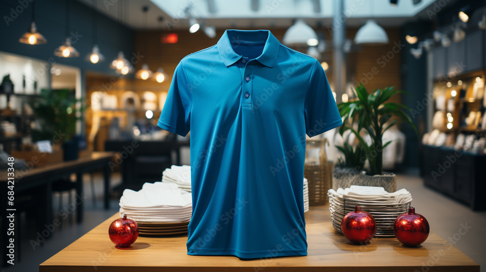 Blue polo shirt in a store.