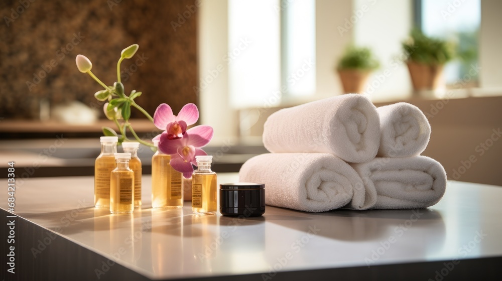 Spa and wellness themed arrangement of candles essential oils flowers and towels