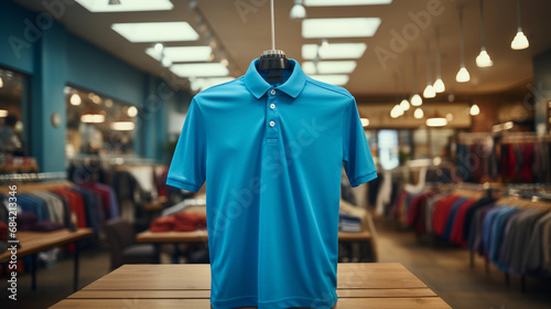 Blue polo shirt in a store.