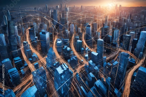 Data streams weaving through a virtual city skyline, forming an abstract and interconnected network.