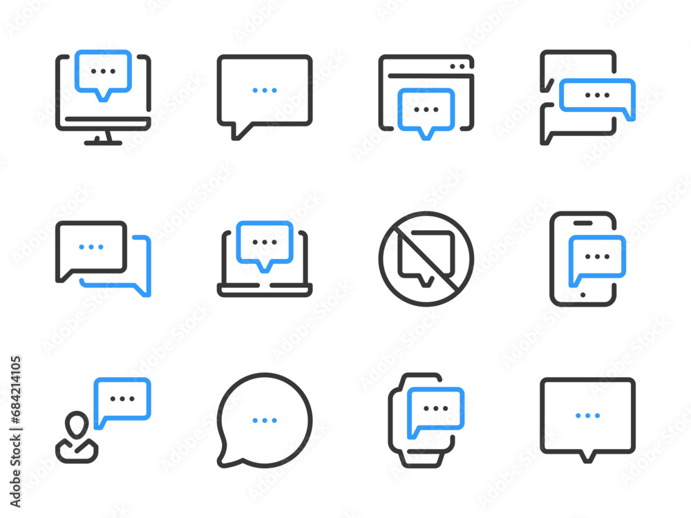 Chat box, Message and Comment vector line icons. Speech bubble, Dialog and Conversation outline icon set. Chat box, Message and Comment vector line icons. Speech bubble, Dialog and Conversation outline icon set.