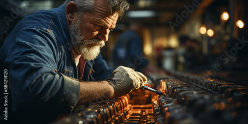 equipment repairman. professional at work in a factory, setting up or repairing equipment.  photo