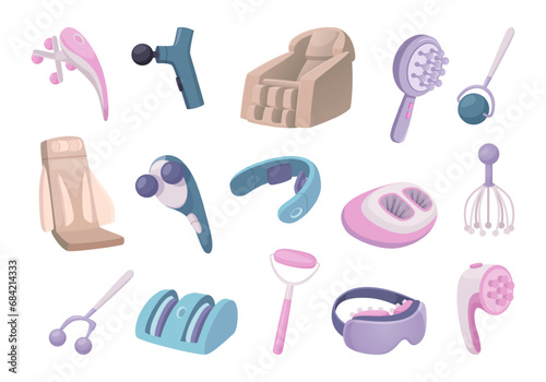 Massager items. Instruments for body zones percussion massage exact vector cartoon pictures set