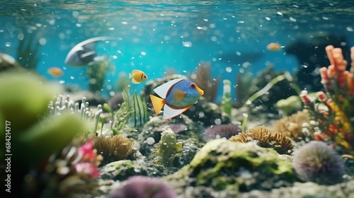 Large schools of various species of colorful reef fish schooling above healthy coral reef photo