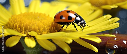 Professional Macro of an Red and Black Spotted Ladybug Placed on a Bright Yellow Flower in a Sunny Day. © Boss