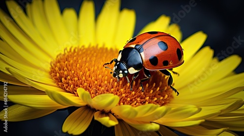 Professional Macro of an Red and Black Spotted Ladybug Placed on a Bright Yellow Flower in a Sunny Day.