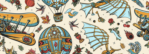 Medieval flying machines seamless pattern. Air balloon, retro airplane. Old school tattoo art. Leonardo Da Vinci style