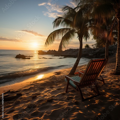 Professional Photo of a Deckchair at the Beack During Sunset Surrounded by Plants and Palms. Tropical Shot of a Private Island in the Middle of the Pacific Ocean near Hawaii Island. Exotic Concept.
