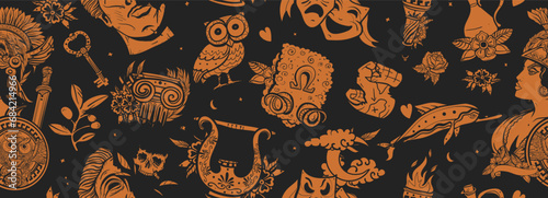 Ancient Greece seamless pattern. Antique ceramic style. Historical myths heroes and legends background. Athena, greek olympic gods