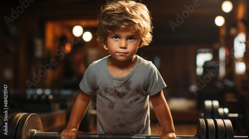 Little boy with a barbell.