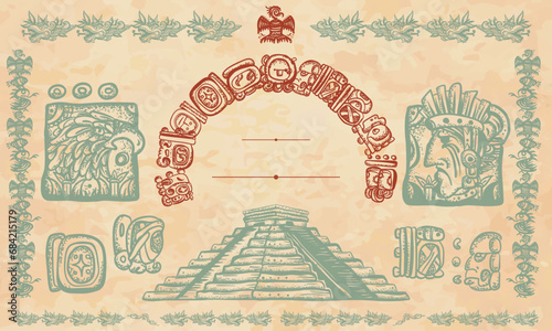 Ancient civilization background. Old paper vector. Cover page template. Mayan pyramids and glyphs. Historical frame, tribal ornaments. Chichen Itzá, Yucatán ruinas. Aztecs, Incas