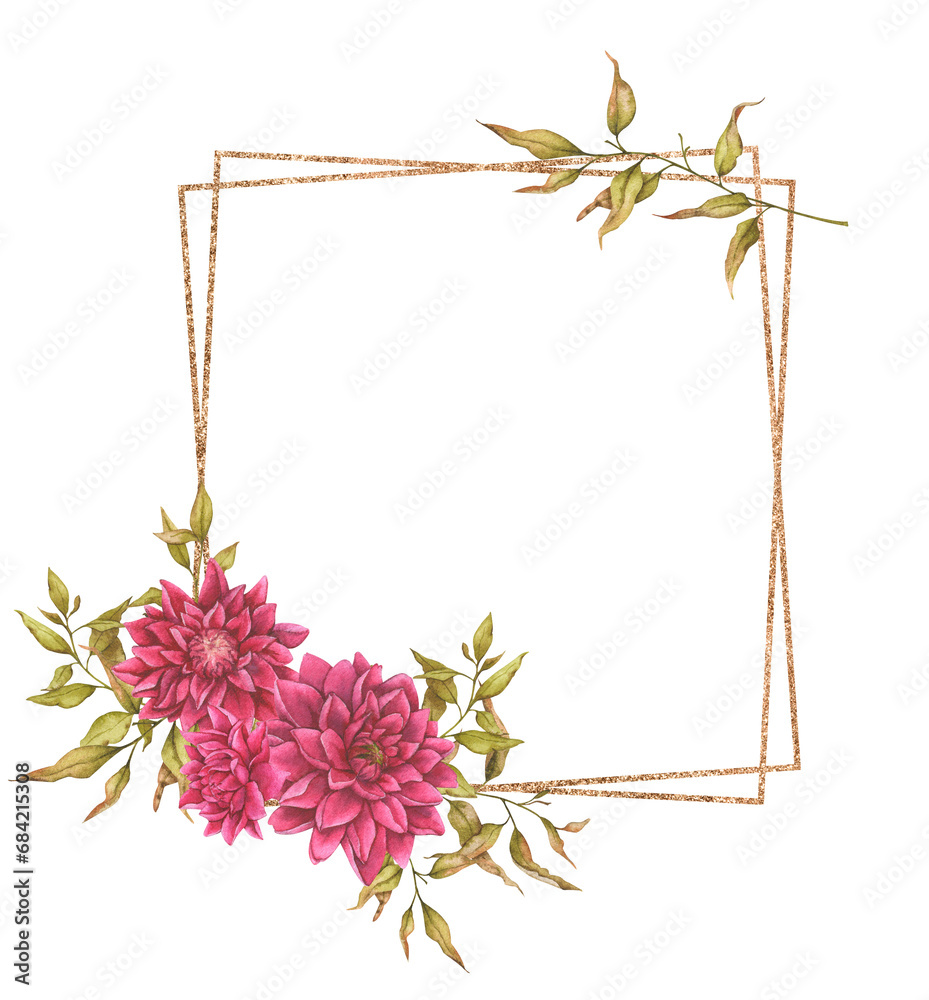 Obraz premium Golden square floral frame made of dahlias, foliage, dried flowers and rose hips. Watercolor design for cards, invitations, announcements, etc. Wedding, birthday, anniversary, Valentine's Day. 